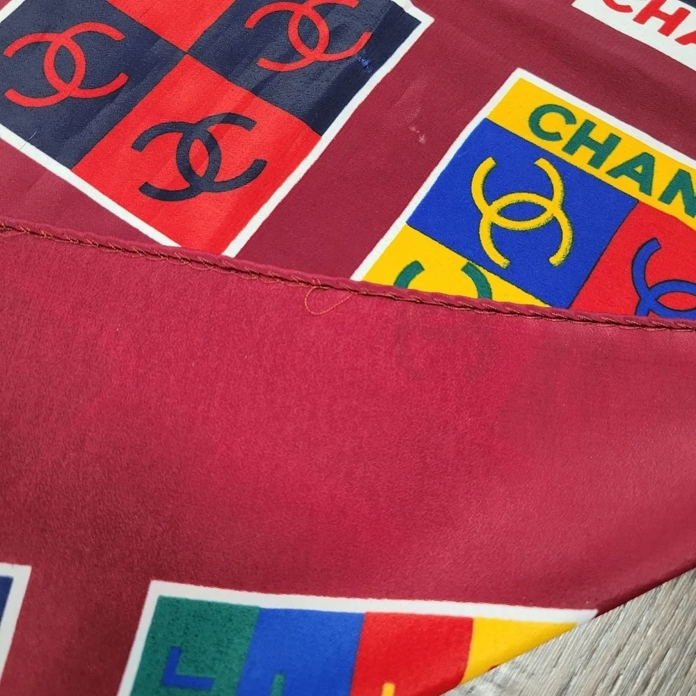 CHANEL Vibrant Geometric Logo Multicolor 100% Silk Scarf Burgundy 35x35